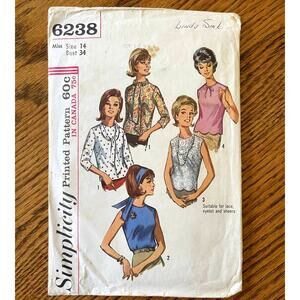 Vintage 1960s Simplicity 6238 Sewing Pattern Size Small 14 Set of 5 Tops